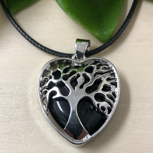 Black Obsidian Natural Gemstone Tree Of Life Heart Pendant Gemstone Necklace - Picture 2 of 2